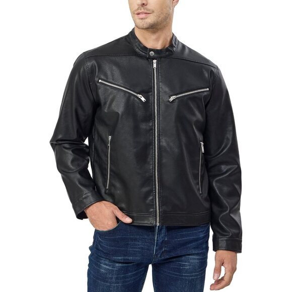 Men Black Faux Leather Biker Jacket Slim Fit Motorcycle Bomber Zip Up Coat - Picture 3 of 7